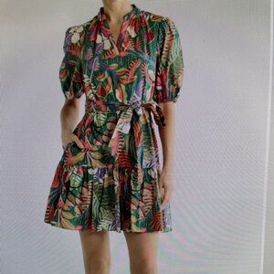 Vince Camuto Green Multicolor Tropical Print Mini Dress